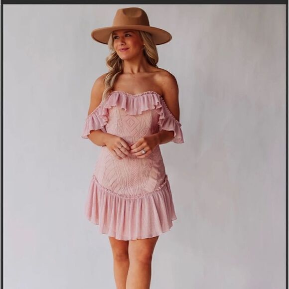Anthropologie saints secrets mauve blush off shoulder lace ruffle mini dress M - Picture 1 of 10